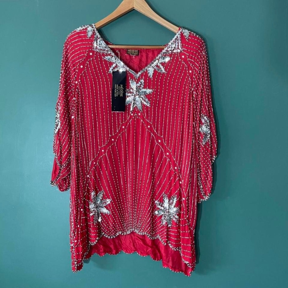 Vintage 1980s new with‎ tags pure silk beaded blouse with silver sequins & beads